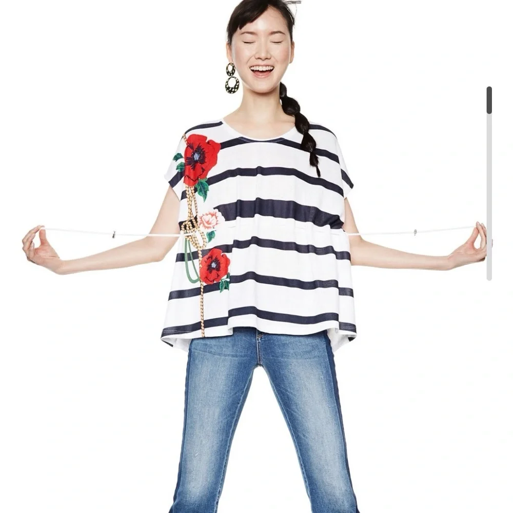 Desigual Tee - Navy & White with Red Poppy - Picture 2 of 8